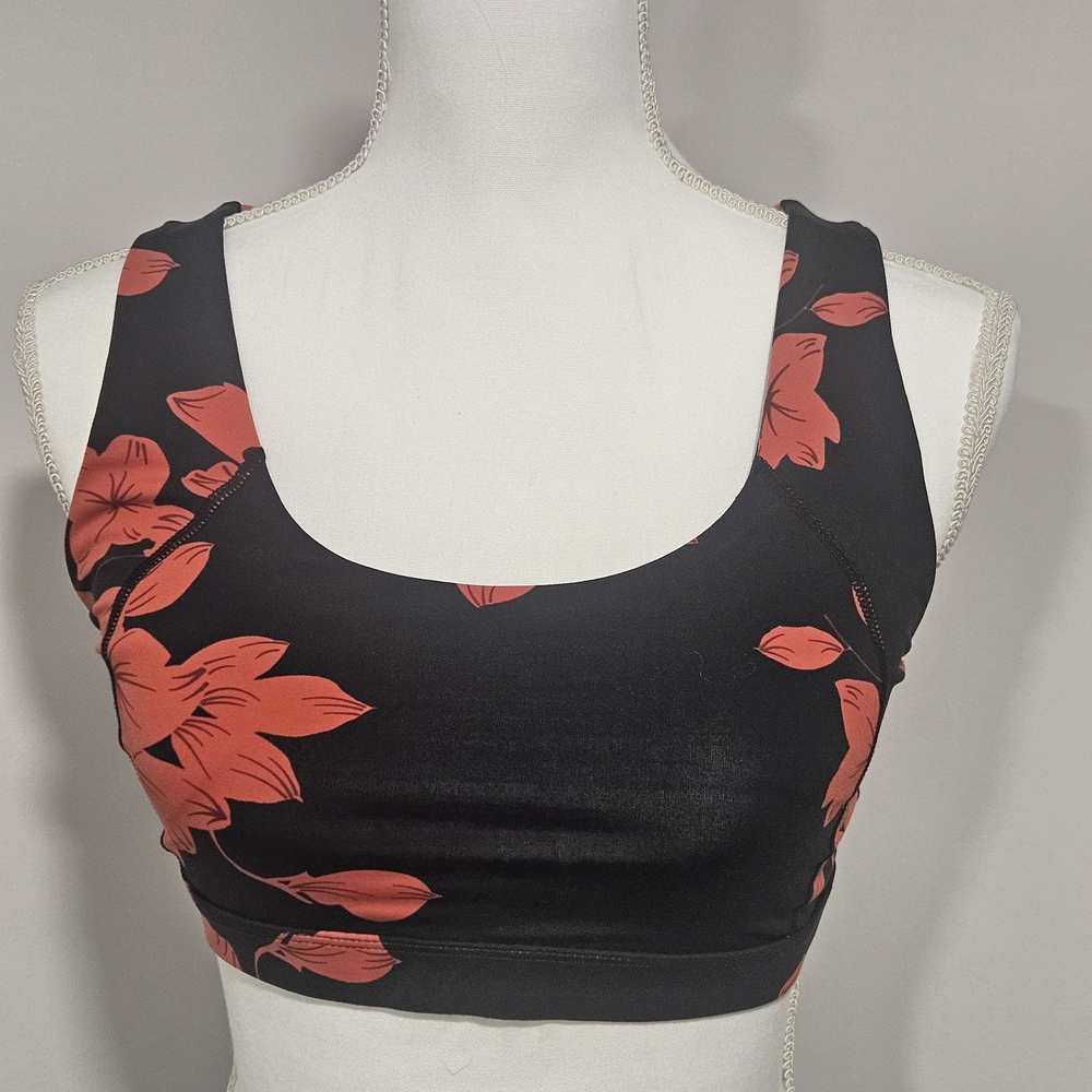 Mono B Sleek Black and Red Floral Printed Sports Bra Women's Size Medium